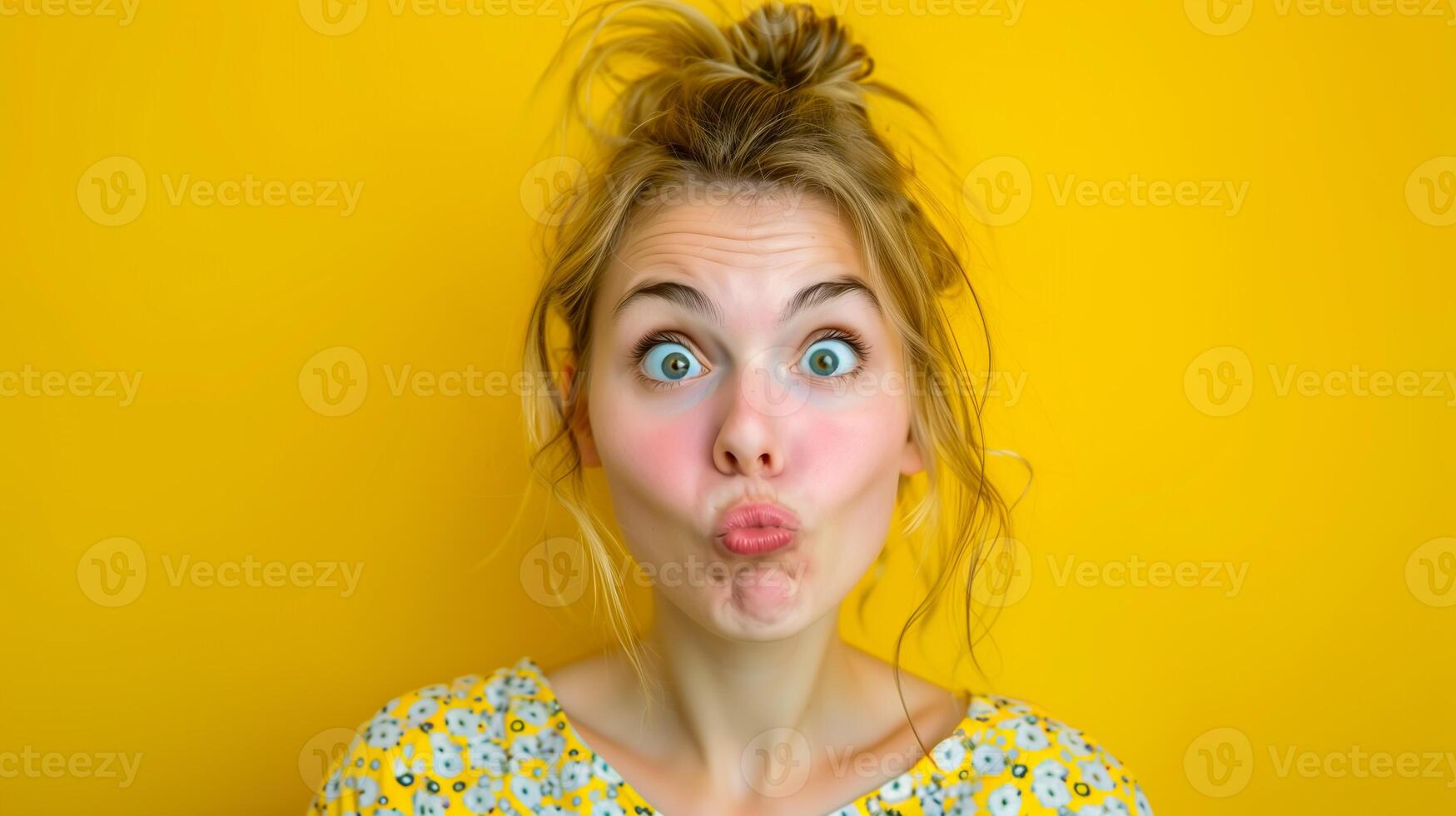 Young woman making funny face on yellow background, copy space photo