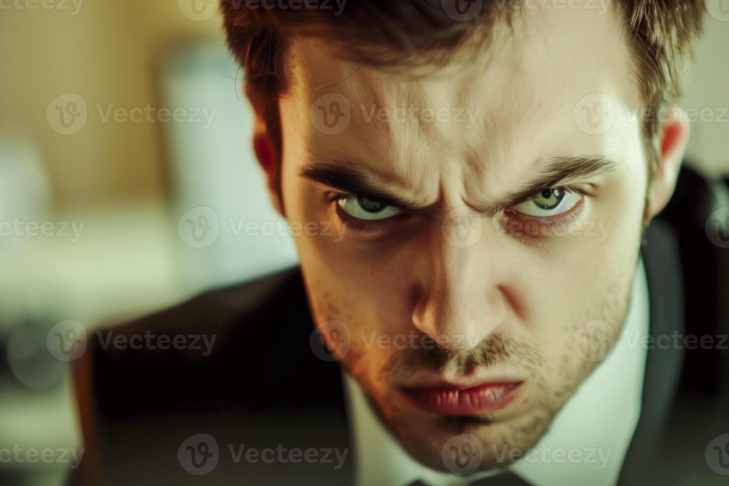 Angry young boss in the office. Furious businessman, closeup. photo