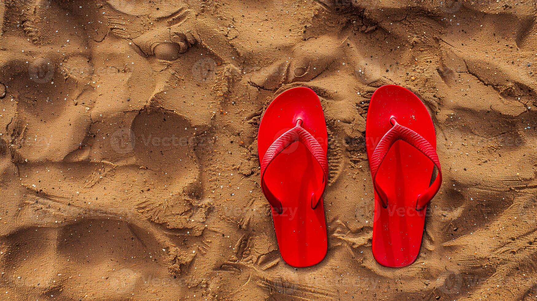 Red flip flops on beach sand, top view. Summer holiday background, copy space. photo