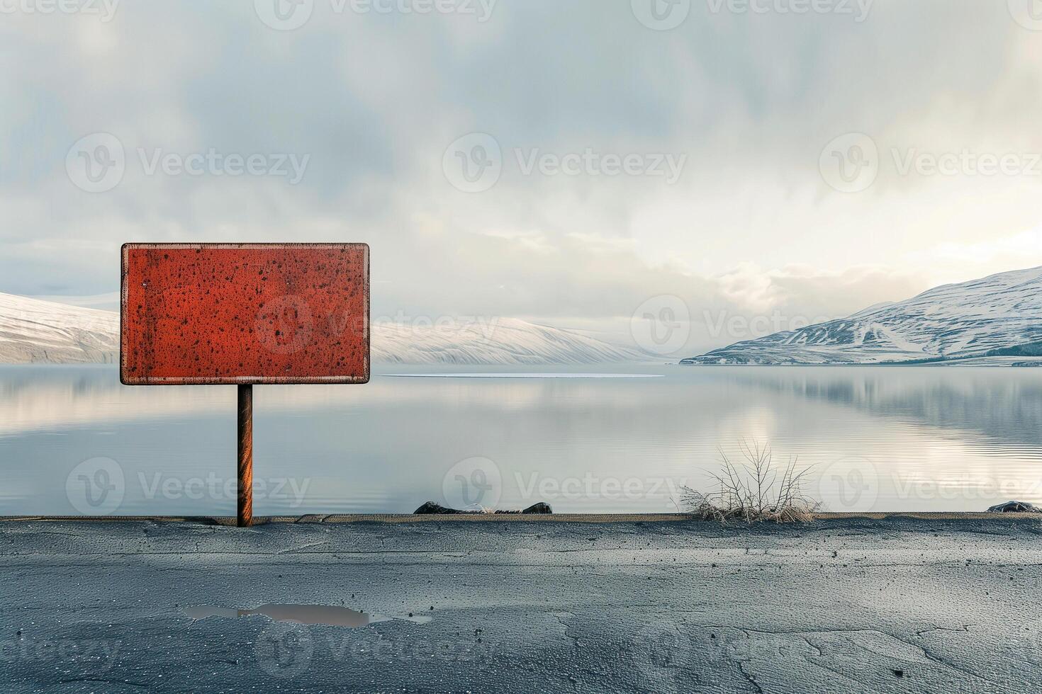 Empty metal old sign by the lake, copy space photo