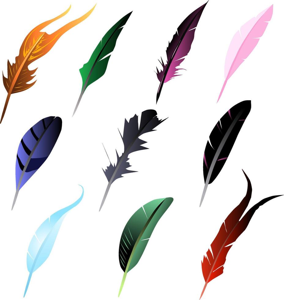 ilustración vistoso diferente formas plumas desarrollo de juegos elementos. ilustración 10 piezas de plumas para juegos o aplicaciones de diferente formas, redondeado, agudo y ahorquillado. el ardiente pluma de vector