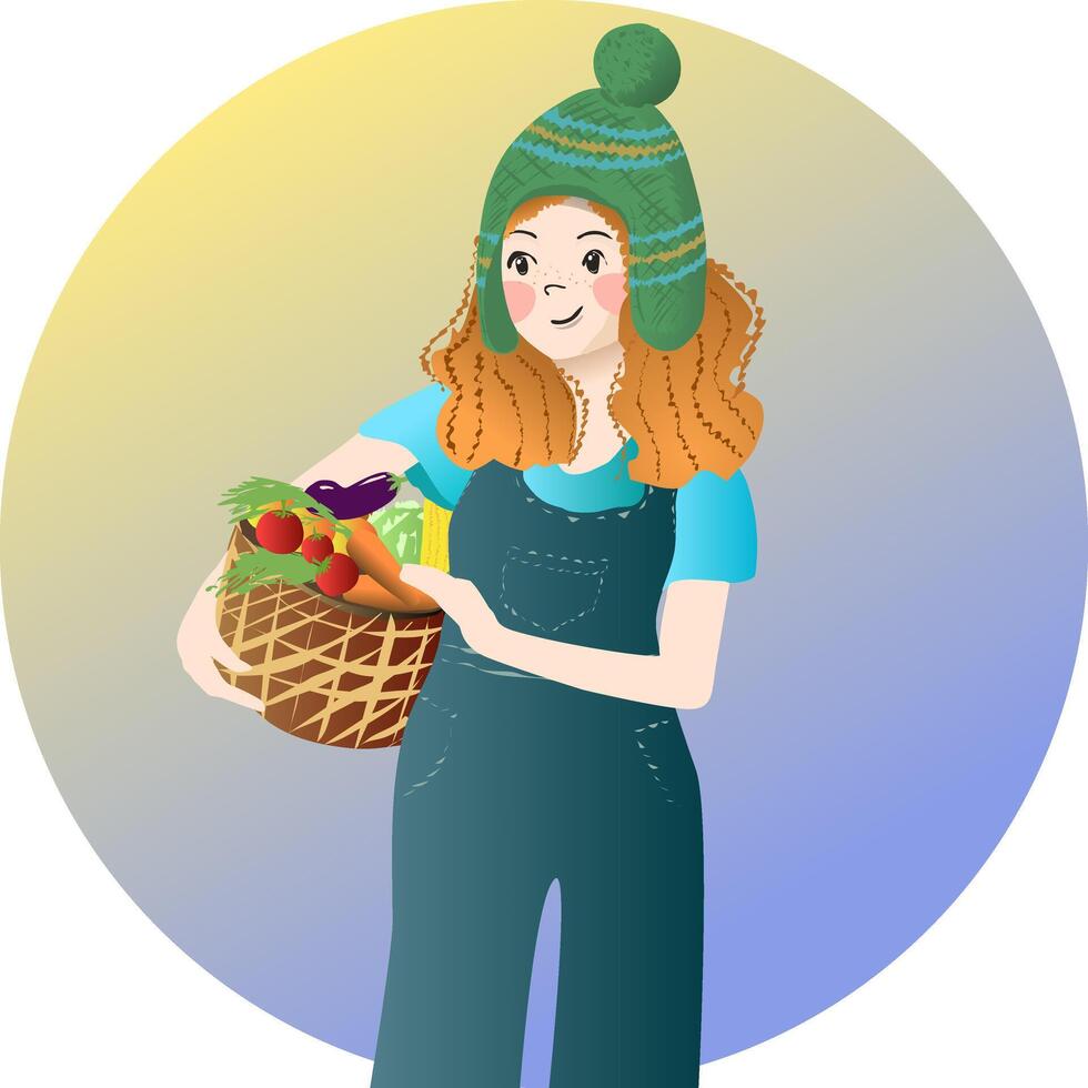 girl in a camsuit and a hat with a basket of fruits in hands vector