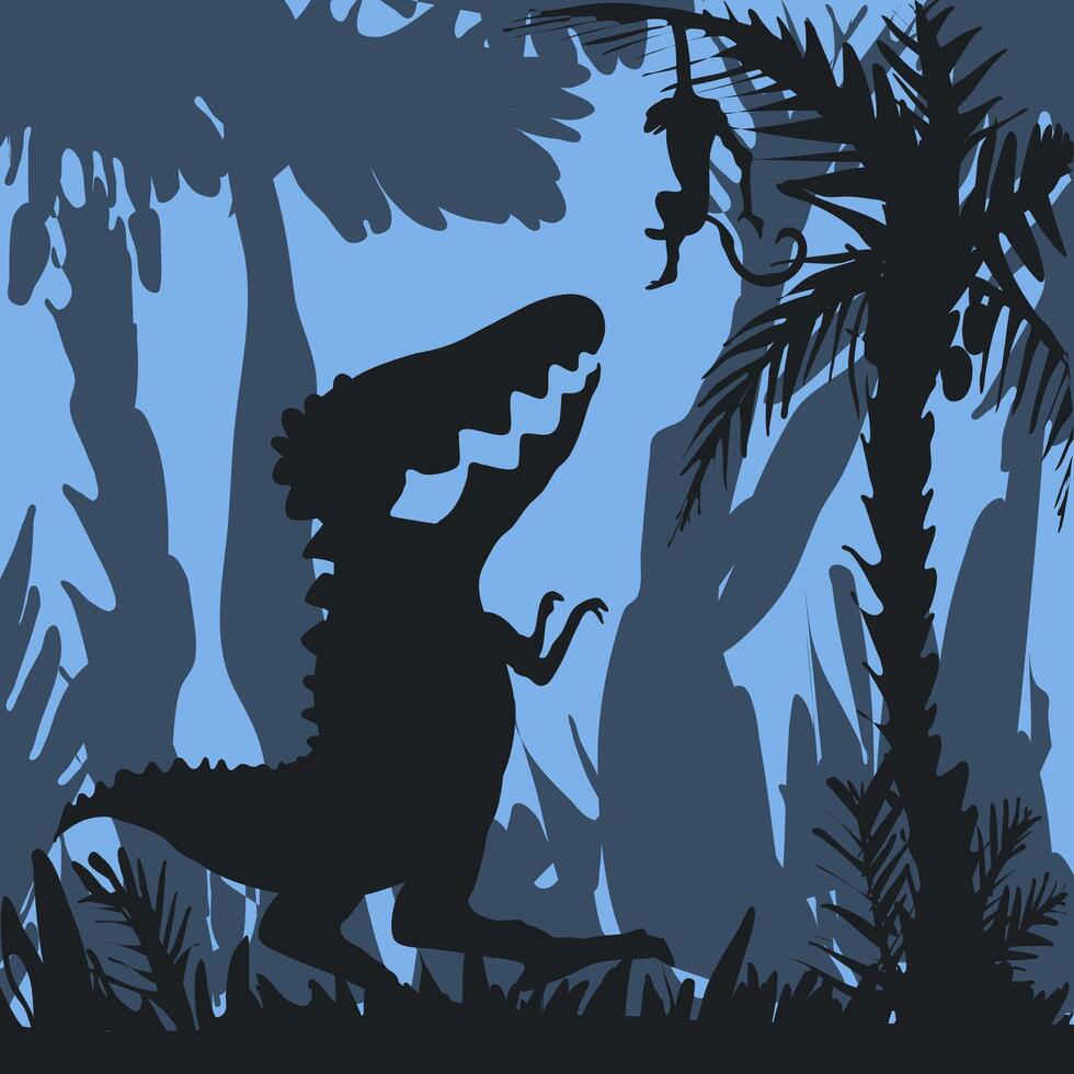 Silhouette of cartoon dinosaur trying to catch monkey hanging on palm tree vector