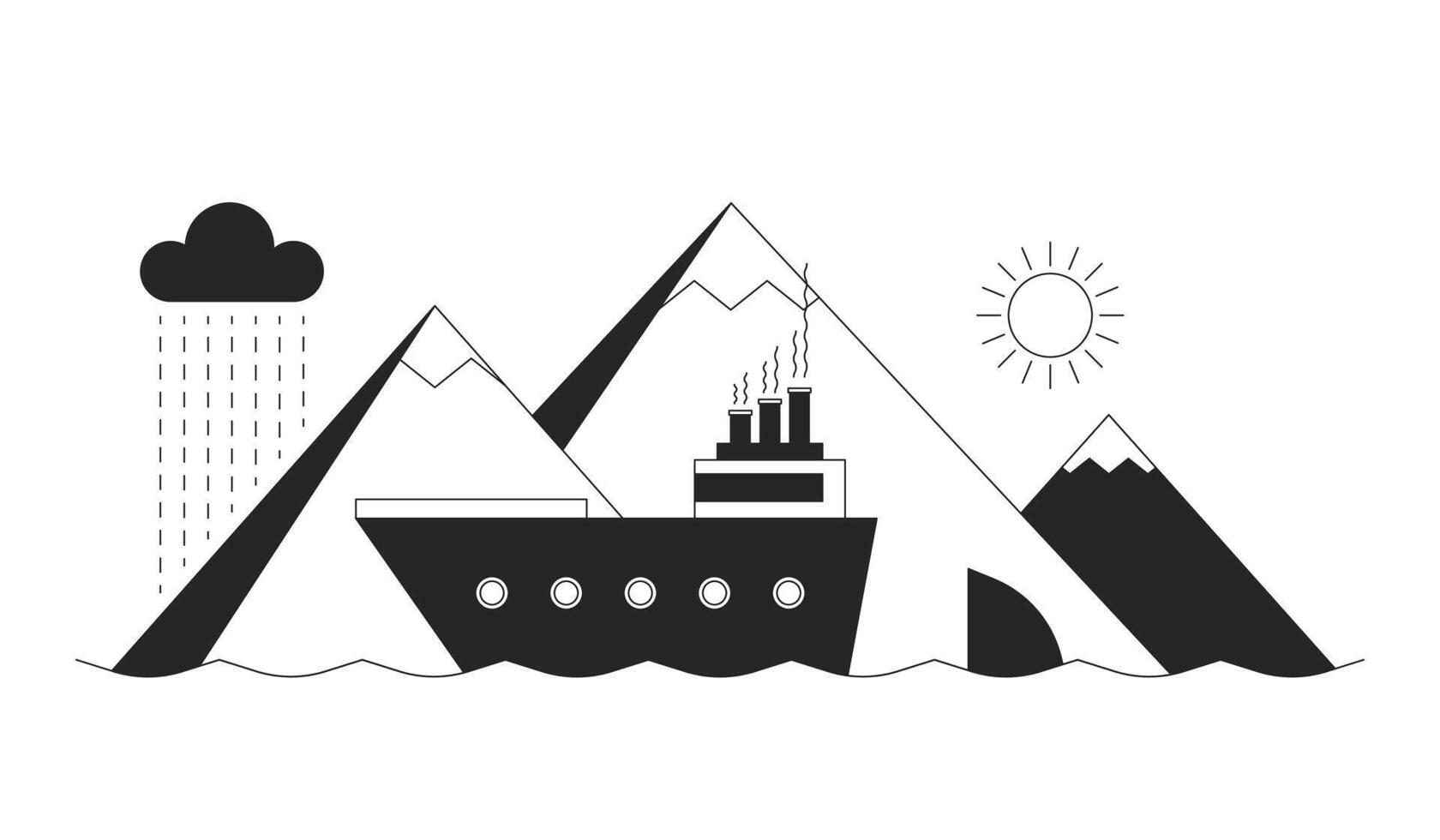 Vessel sailing past mountains black and white 2D line cartoon object. Travelling by water. Tourist ship on cruise isolated outline items. Sea vacation monochromatic flat spot illustration vector