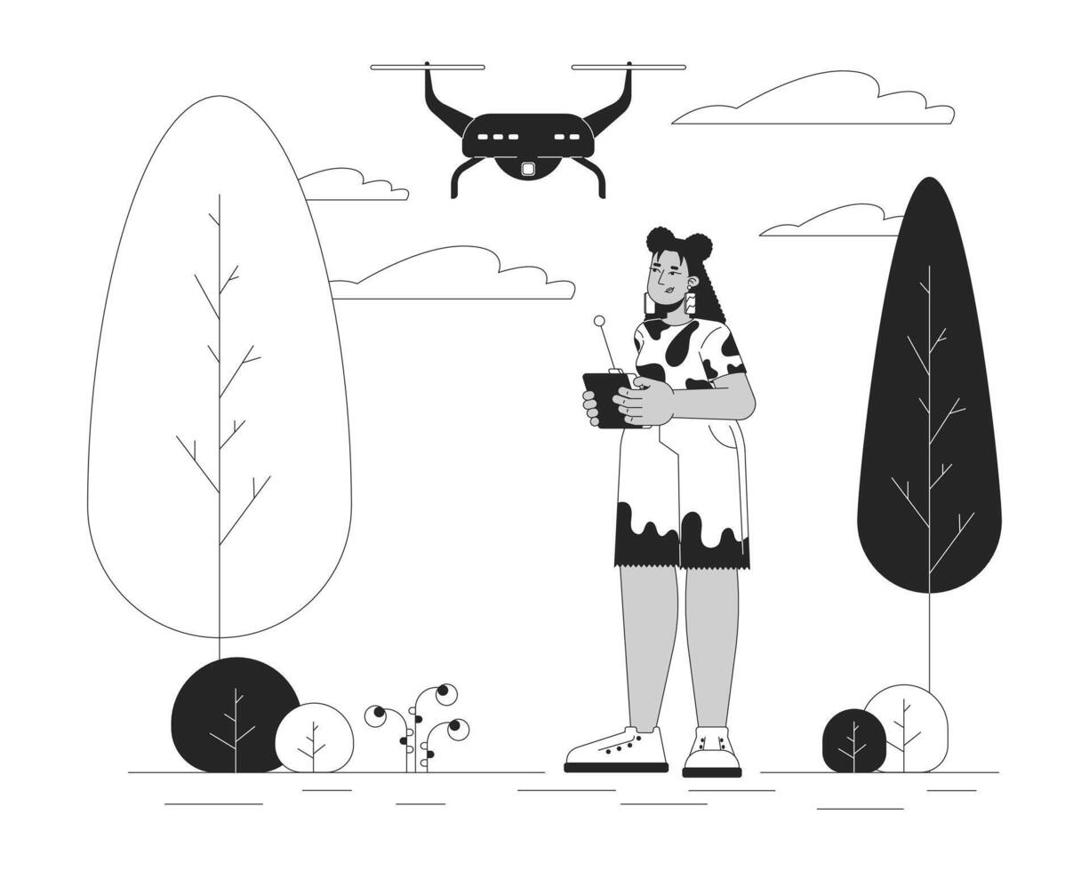 Hispanic woman flying drone in park black and white cartoon flat illustration. Latina girl controlling quadcopter 2D lineart character isolated. UAV technology monochrome scene outline image vector