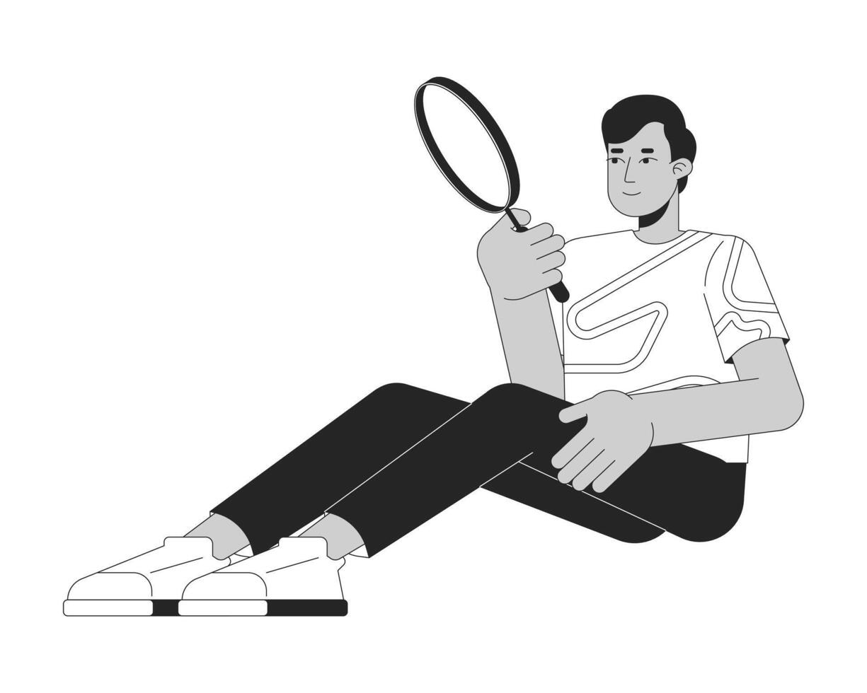 Indian man looking through magnifying glass black and white 2D line cartoon character. Investigator isolated outline person. Attention to details monochromatic flat spot illustration vector