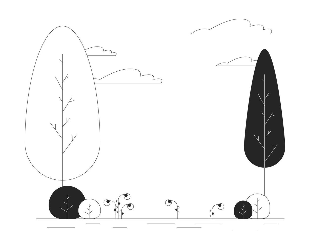 Park trees clouds black and white cartoon flat illustration. Shrubs greenery summer outdoors no people 2D lineart landscape isolated. Outside springtime peaceful monochrome scene outline image vector
