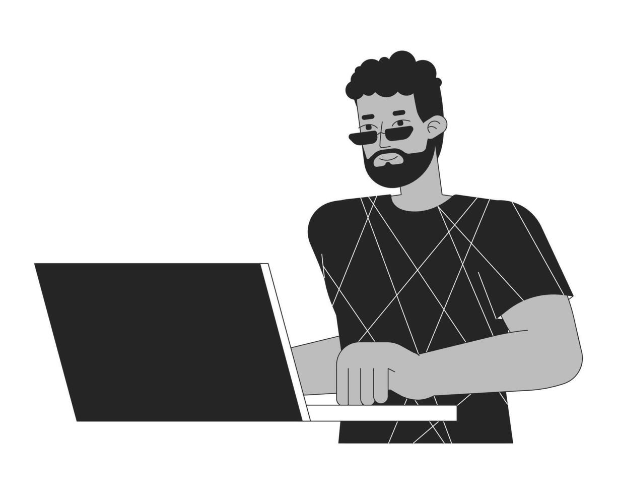 africano americano hombre utilizando ordenador portátil negro y blanco 2d línea dibujos animados personaje. negro chico en Gafas de sol a computadora aislado contorno persona. surf Internet monocromo plano Mancha ilustración vector