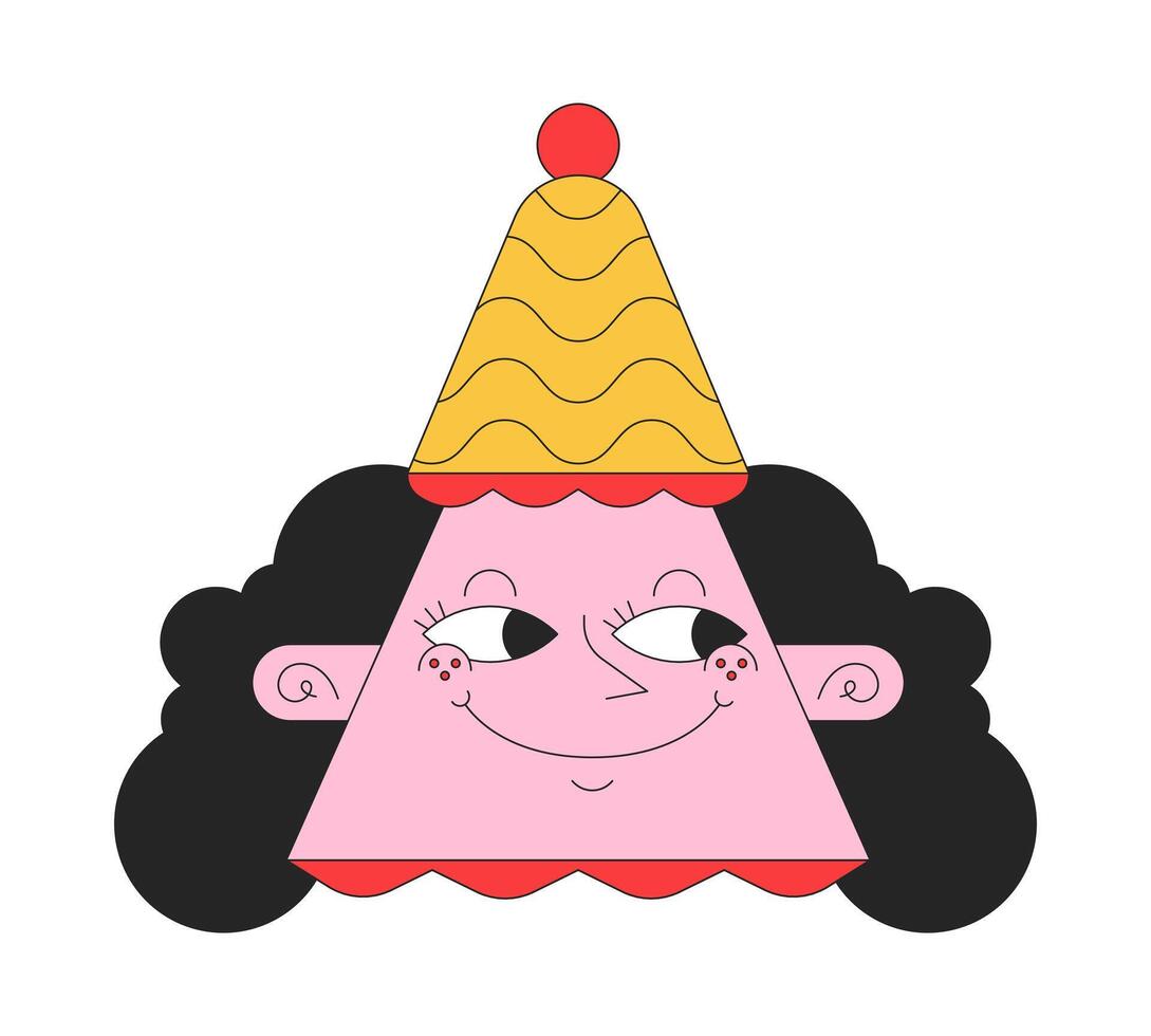 Triangle woman funny hat 2D linear avatar illustration. Mischievous smiling female cartoon character face. Triangular head portrait. Smirk pleased lady flat color user profile image isolated vector