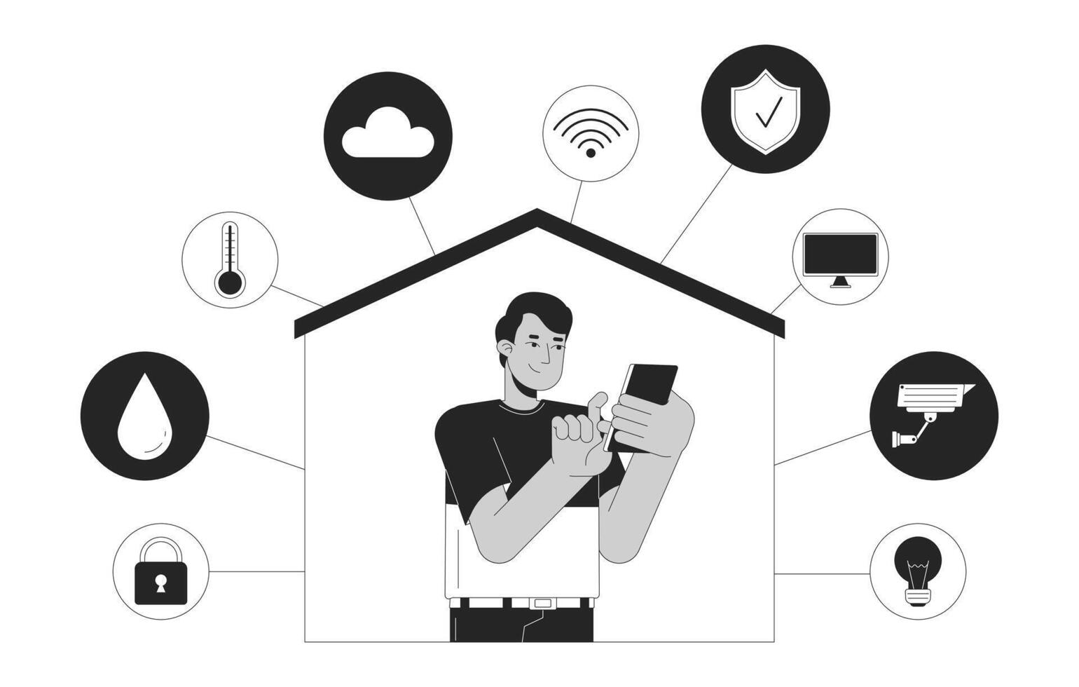 inteligente hogar teléfono hombre negro y blanco 2d ilustración concepto. remoto acceso con teléfono inteligente indio chico dibujos animados contorno personaje aislado en blanco. inteligente casa tecnología metáfora monocromo vector