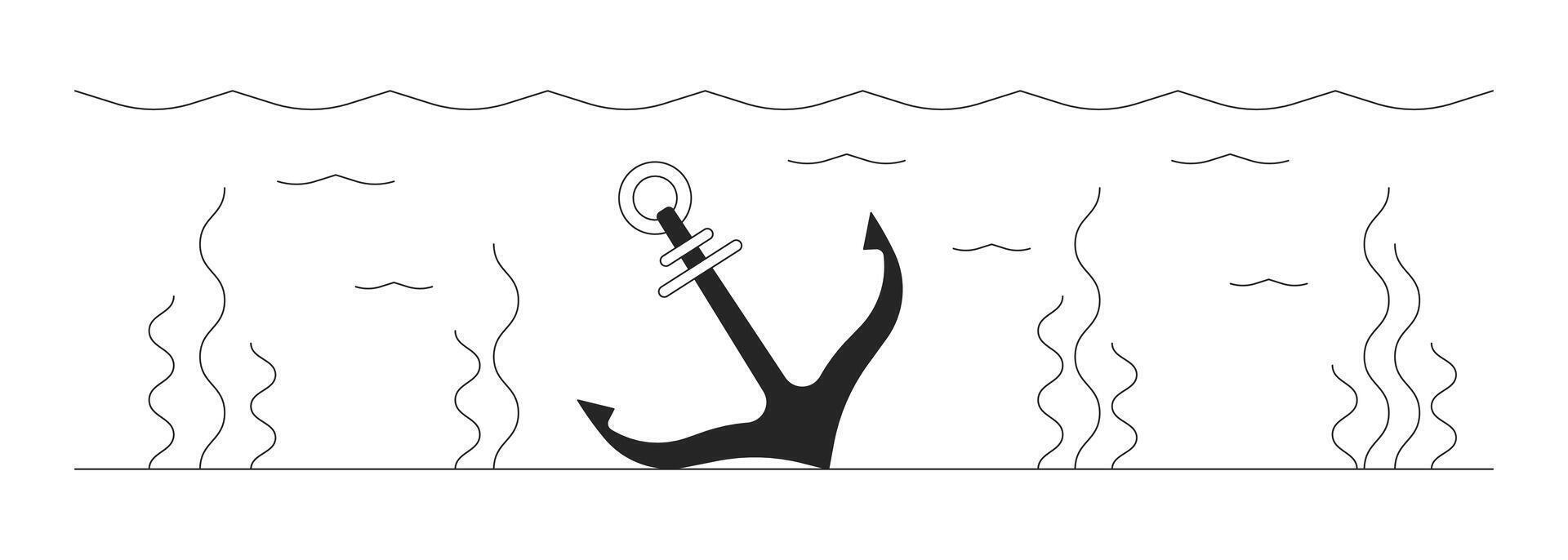 Lost ship anchor underwater 2D linear cartoon object. Vessel mooring tool on sea bottom isolated line element white background. Shipwreck consequences monochromatic flat spot illustration vector