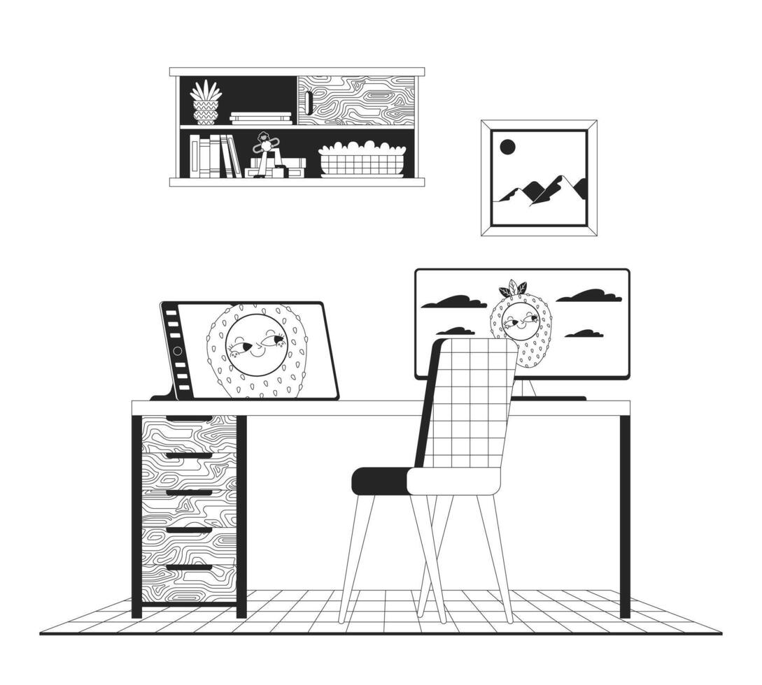 Home office desk with digital tablet black and white cartoon flat illustration. Graphic designer computer table 2D lineart interior isolated. Freelance workspace monochrome scene outline image vector
