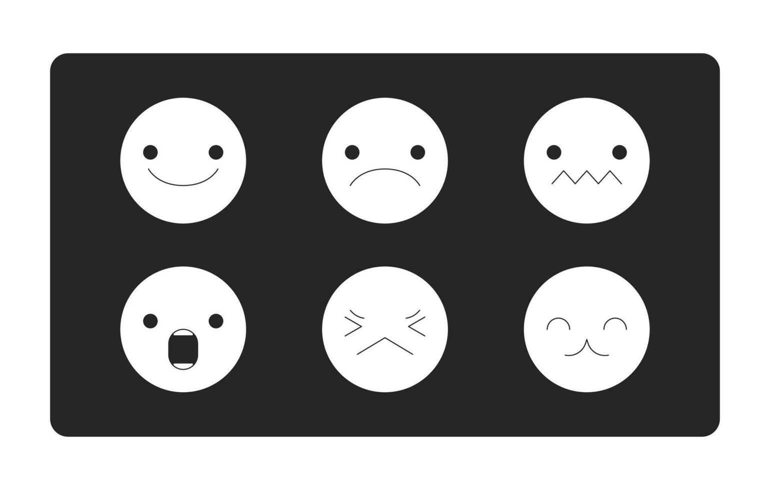 Emojis expressing different feelings black and white 2D line cartoon object. Emotions on small faces isolated outline items collection. Communication online monochromatic flat spot illustration vector