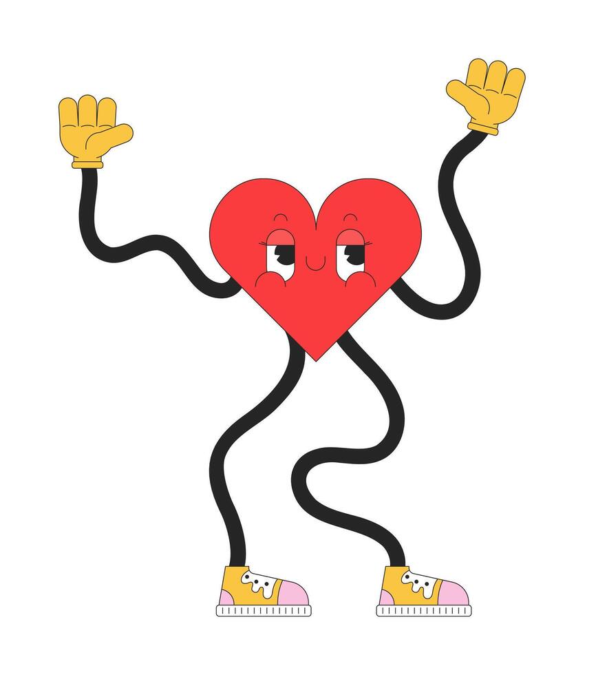 Retro funky heart with wavy arms and legs 2D linear cartoon character. Dancing valentines day mascot isolated line personage white background. Romantic heartshaped color flat spot illustration vector