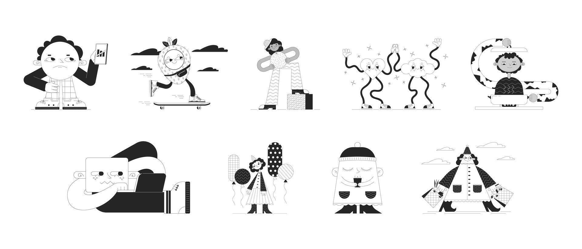 Funny geometric shape people black and white 2D illustration concepts set. Cute retro cartoon outline characters isolated on white. Mascot geometry figures metaphor monochrome art collection vector