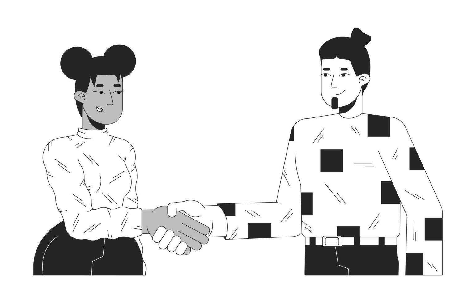 Man and woman handshake black and white 2D line cartoon characters. Black female greeting friend shaking hands isolated outline people. Deal agreement monochromatic flat spot illustration vector