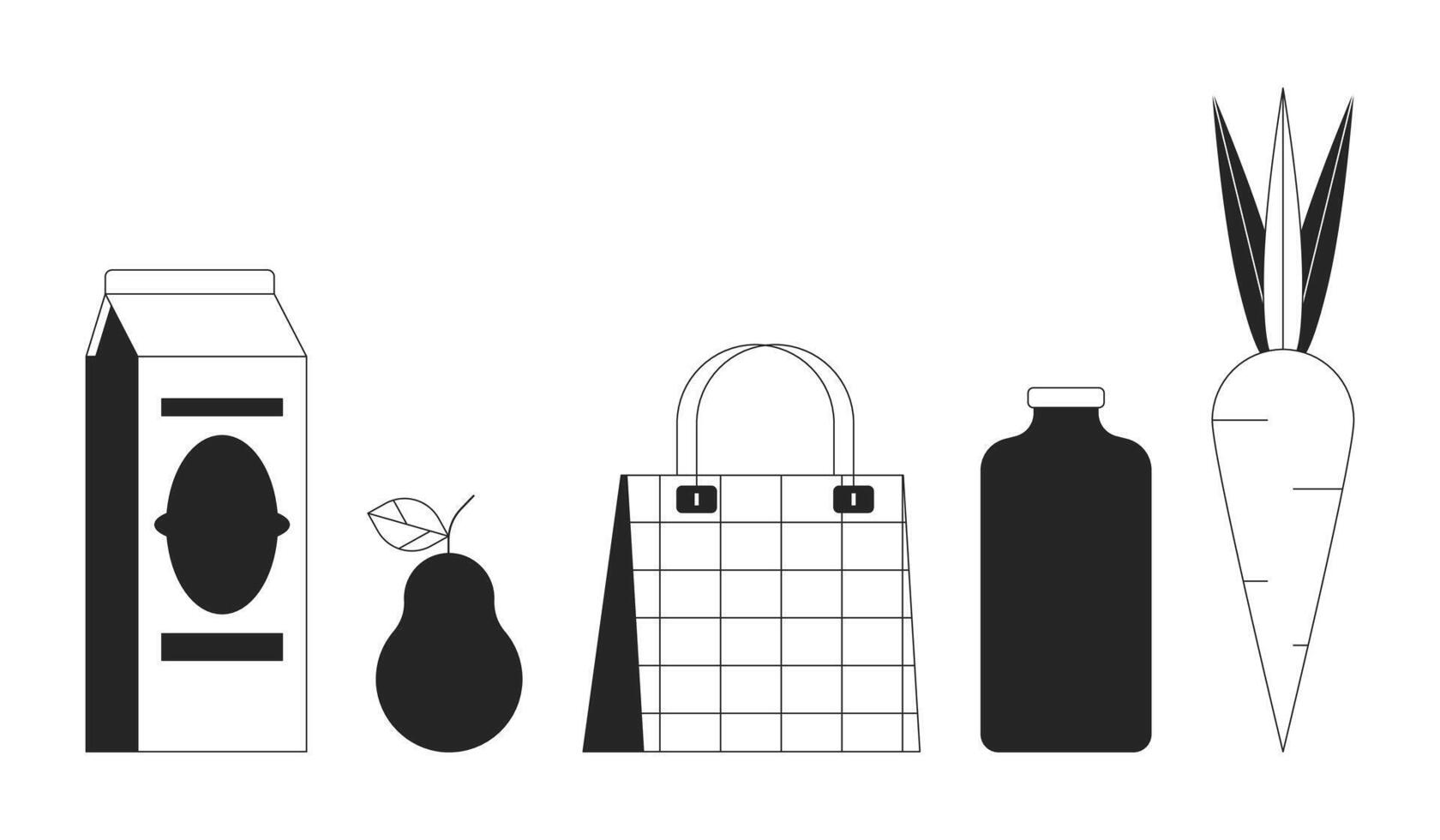 Grocery goods black and white 2D line cartoon objects set. Supermarket food and drink isolated outline items collection. Shopping bag grocery store package monochromatic flat spot illustrations vector