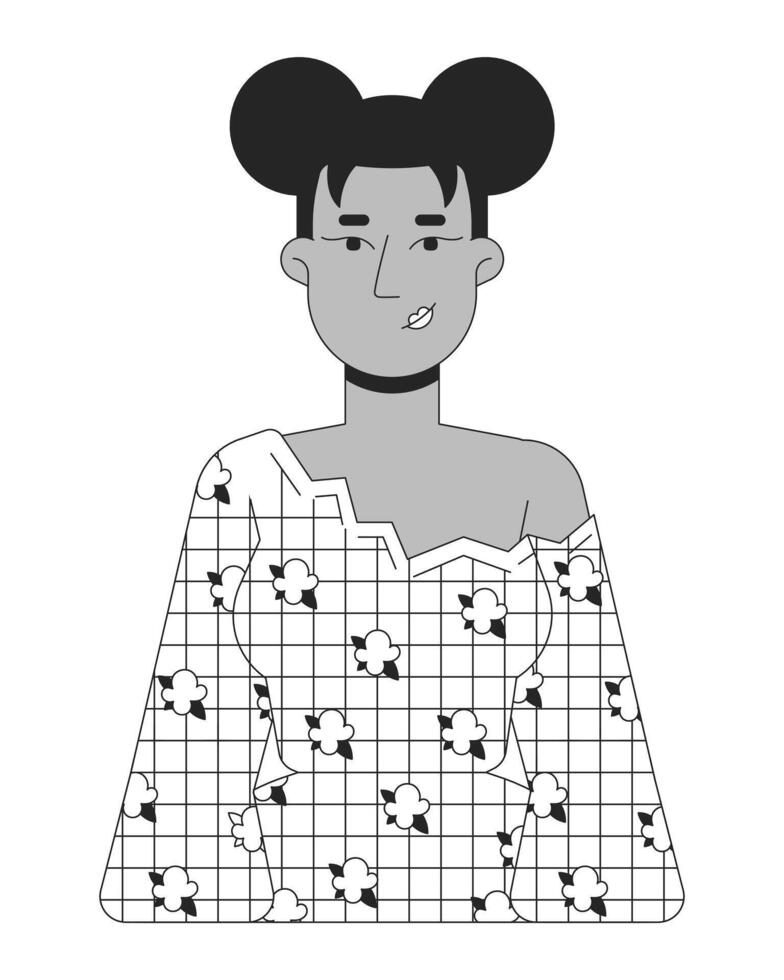 Black woman wearing blouse with floral pattern black and white 2D line cartoon character. Beautiful female isolated outline person. Stylish young model monochromatic flat spot illustration vector