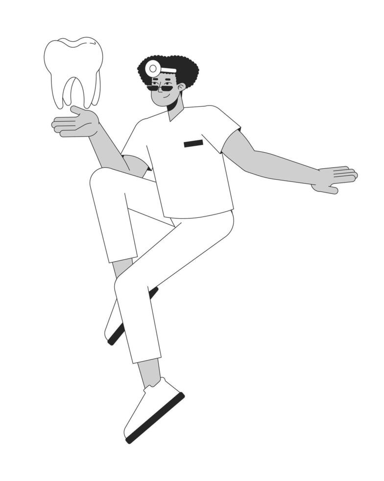 Positive stomatologist holding healthy tooth black and white 2D line cartoon character. Hispanic male dentist isolated outline person. Stomatology treatment monochromatic flat spot illustration vector