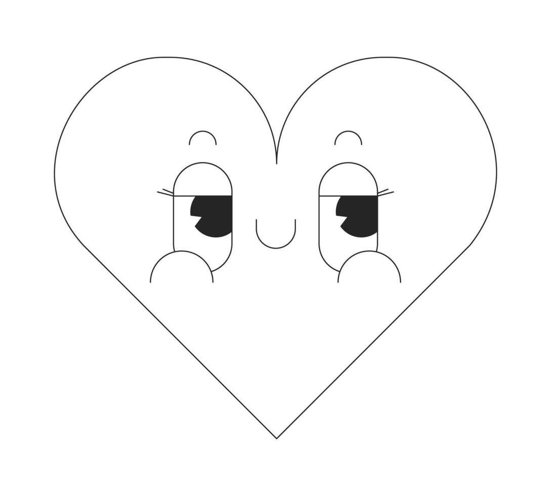 Groovy heart smiling black and white 2D avatar illustration. Valentines day outline cartoon character face isolated. Loved heartshaped personage. Hippie 70s flat user profile image, portrait vector