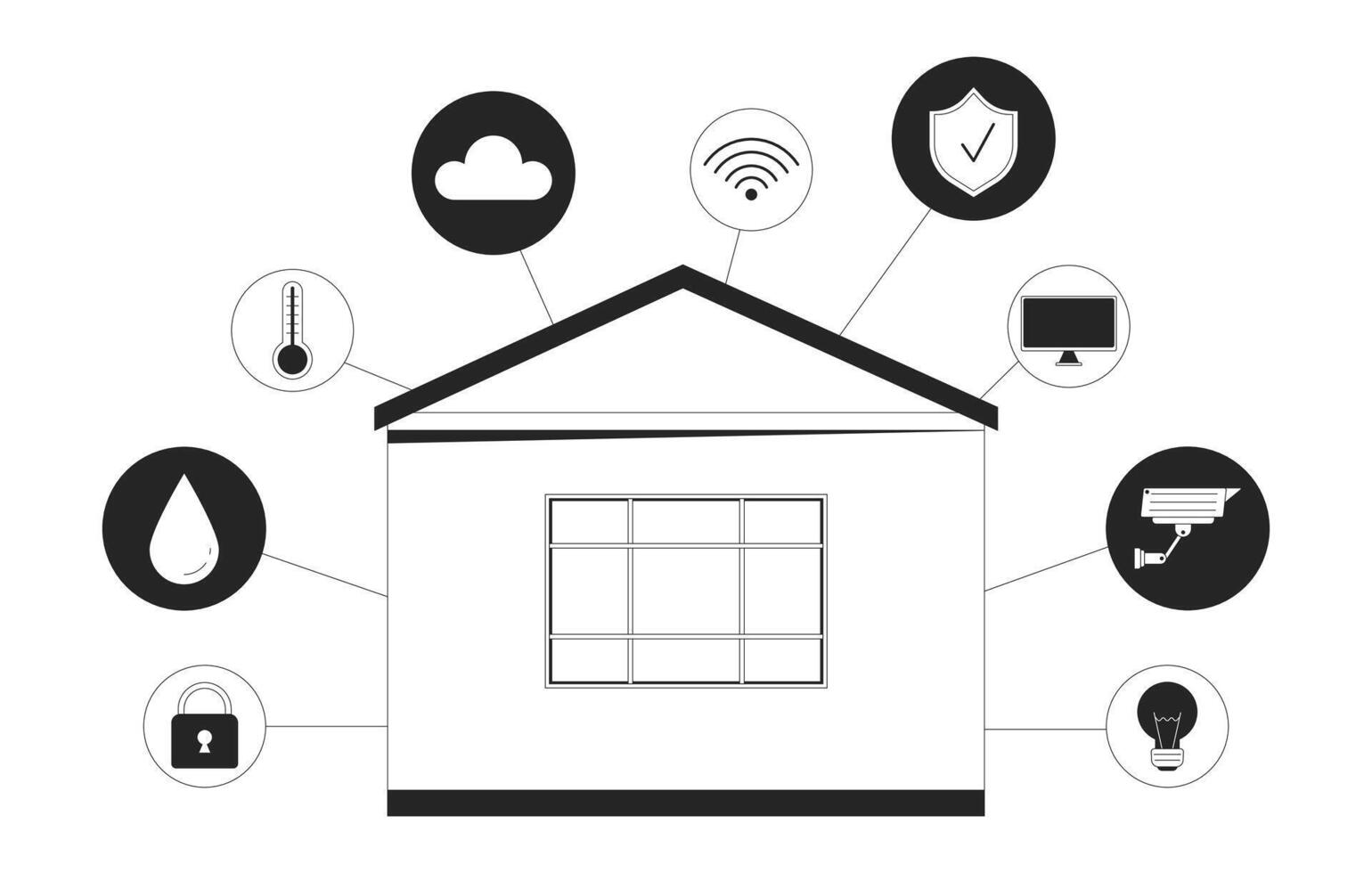 Smart home controls black and white 2D illustration concept. Security, thermostat, cloud technology cartoon outline object isolated on white. Automate connected devices metaphor monochrome art vector
