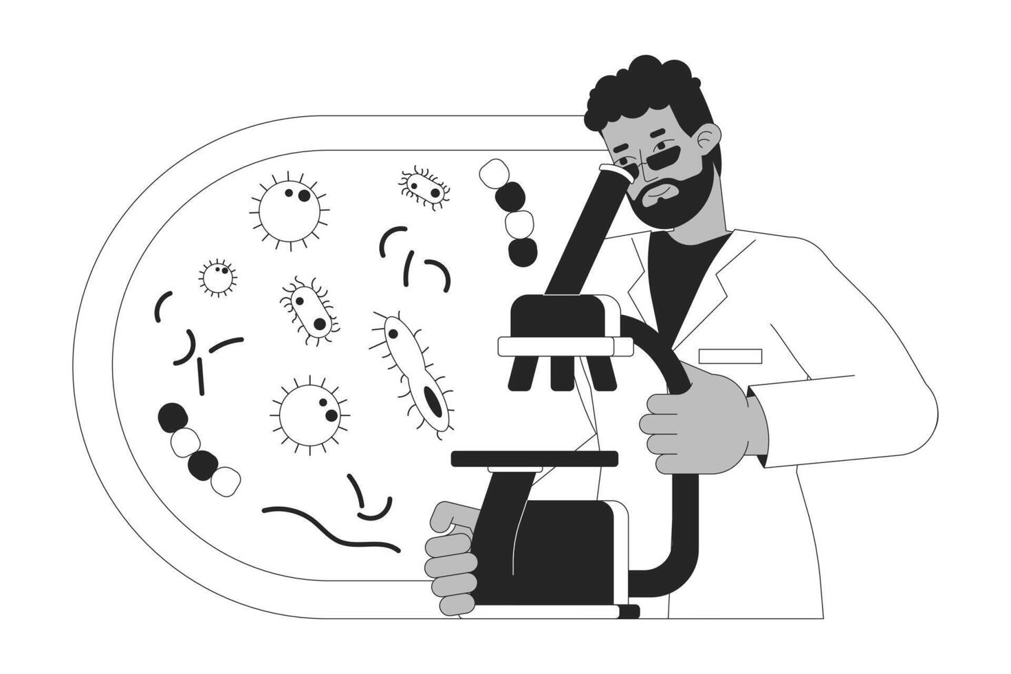 Scientist studying bacterium via microscope black and white 2D line cartoon character. Medical lab assistant isolated outline person. Micro biology science monochromatic flat spot illustration vector