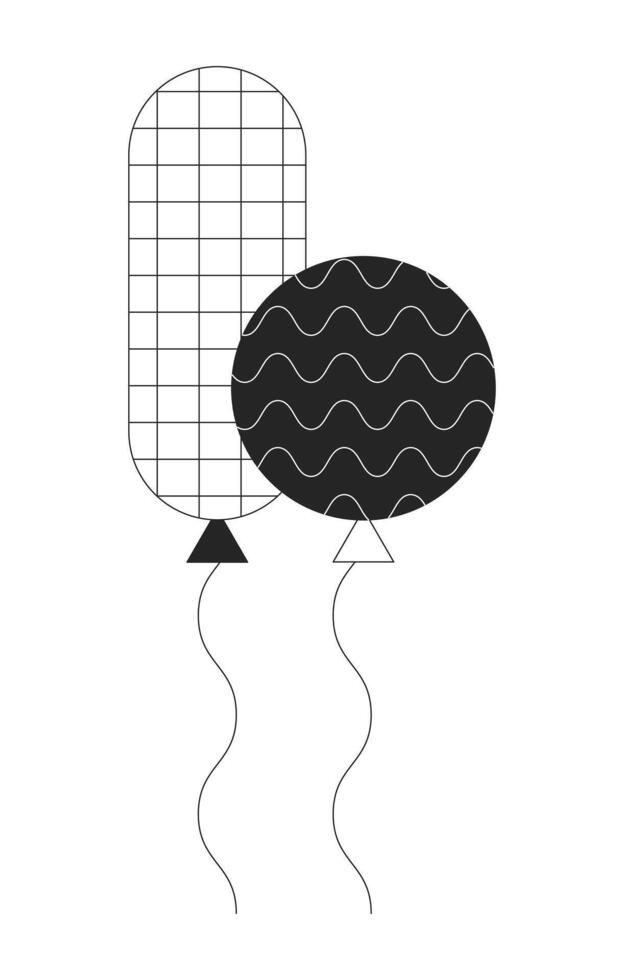 flotante par de globos en instrumentos de cuerda negro y blanco 2d línea dibujos animados objeto. fiesta decoraciones aislado contorno artículo. festivo globos cumpleaños infancia monocromo plano Mancha ilustración vector