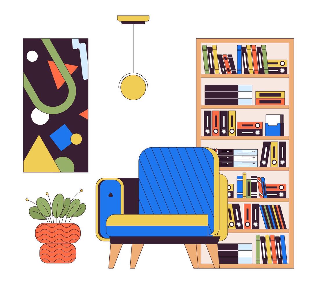 Place to rest at home 2D linear cartoon objects. Armchair in room interior. Chill out corner isolated line elements white background. House furnishing idea color flat spot illustration vector