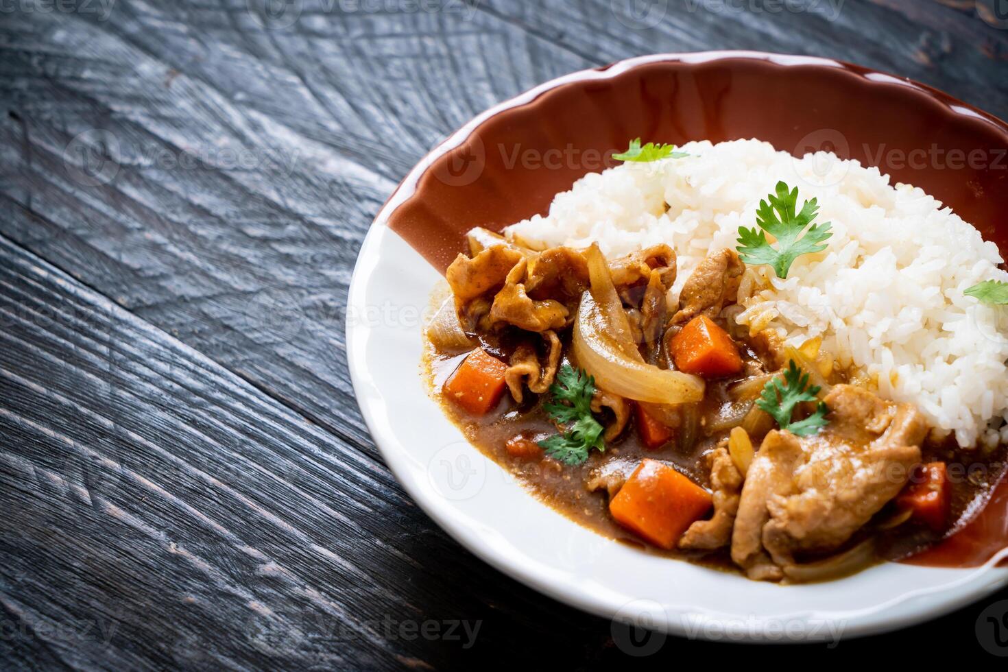 Japanese curry rice with sliced pork, carrot and onions photo