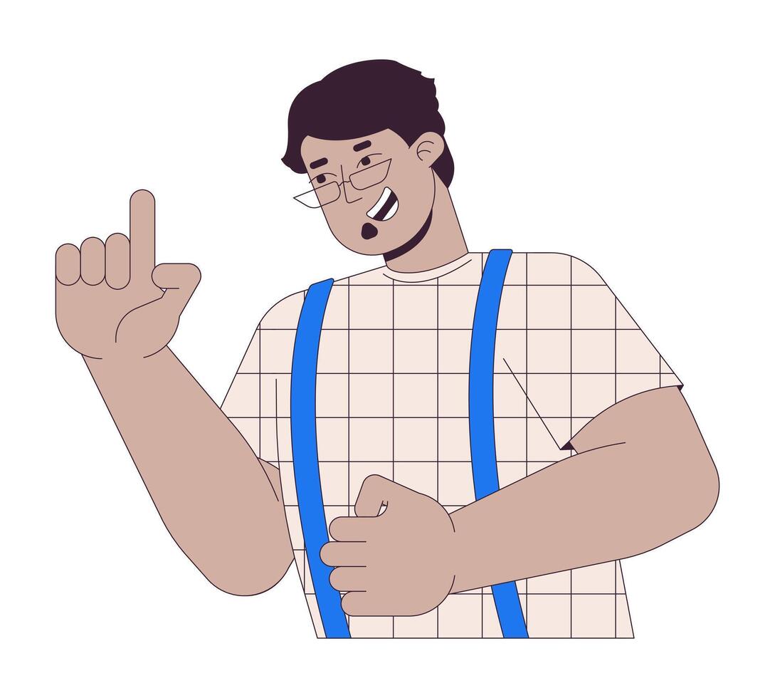 Eyeglasses arab man pointing forefinger 2D linear cartoon character. Middle eastern guy isolated line person white background. Eyewear male gesturing finger up color flat spot illustration vector