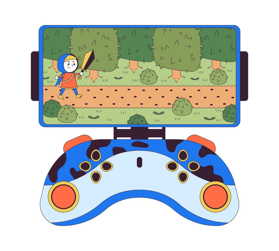 Arcade game on smartphone gamepad 2D linear cartoon object. Cellphone gaming joystick isolated line element white background. Adventure game knight with sword color flat spot illustration vector