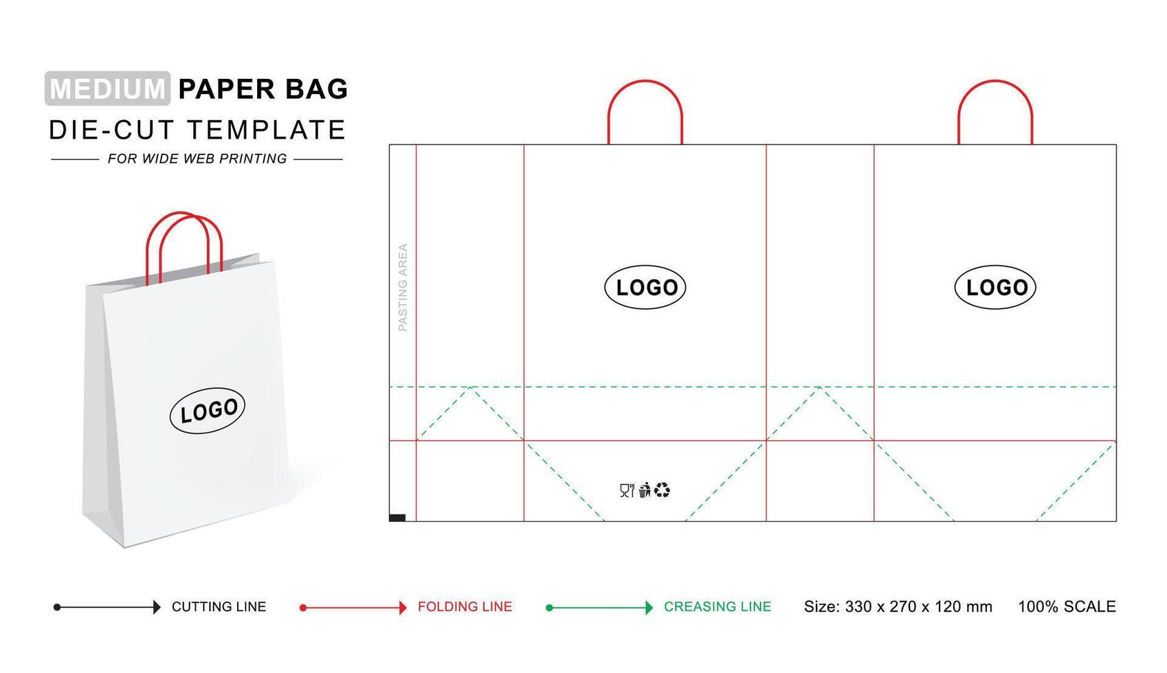 Paper bag medium die cut template with 3D blank mockup. Shopping bag or Gift bags for retail business vector