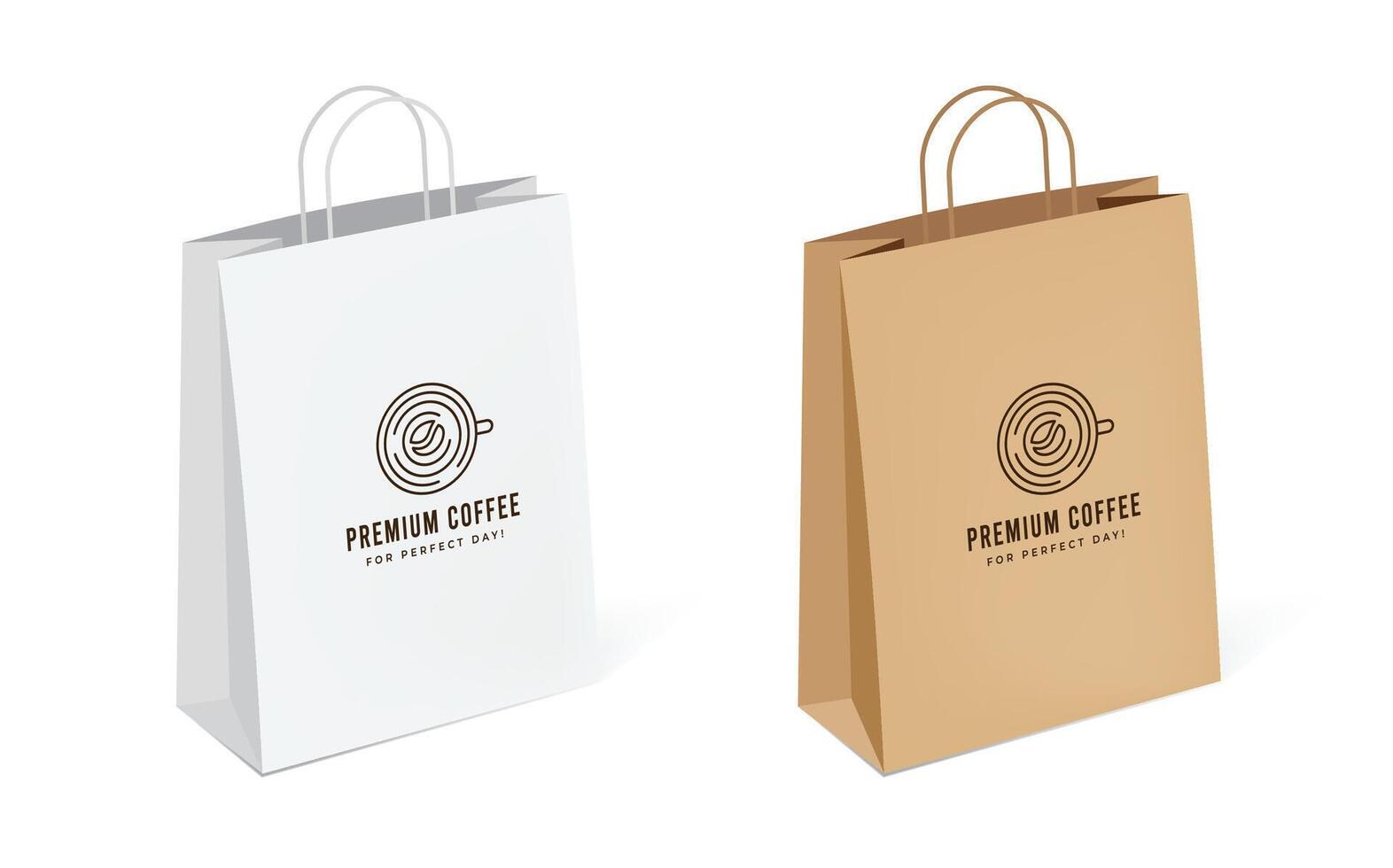 Paper bag 3D mockup with twisted handle and cafe logo design. Brown and white shopping bag packaging mockup vector