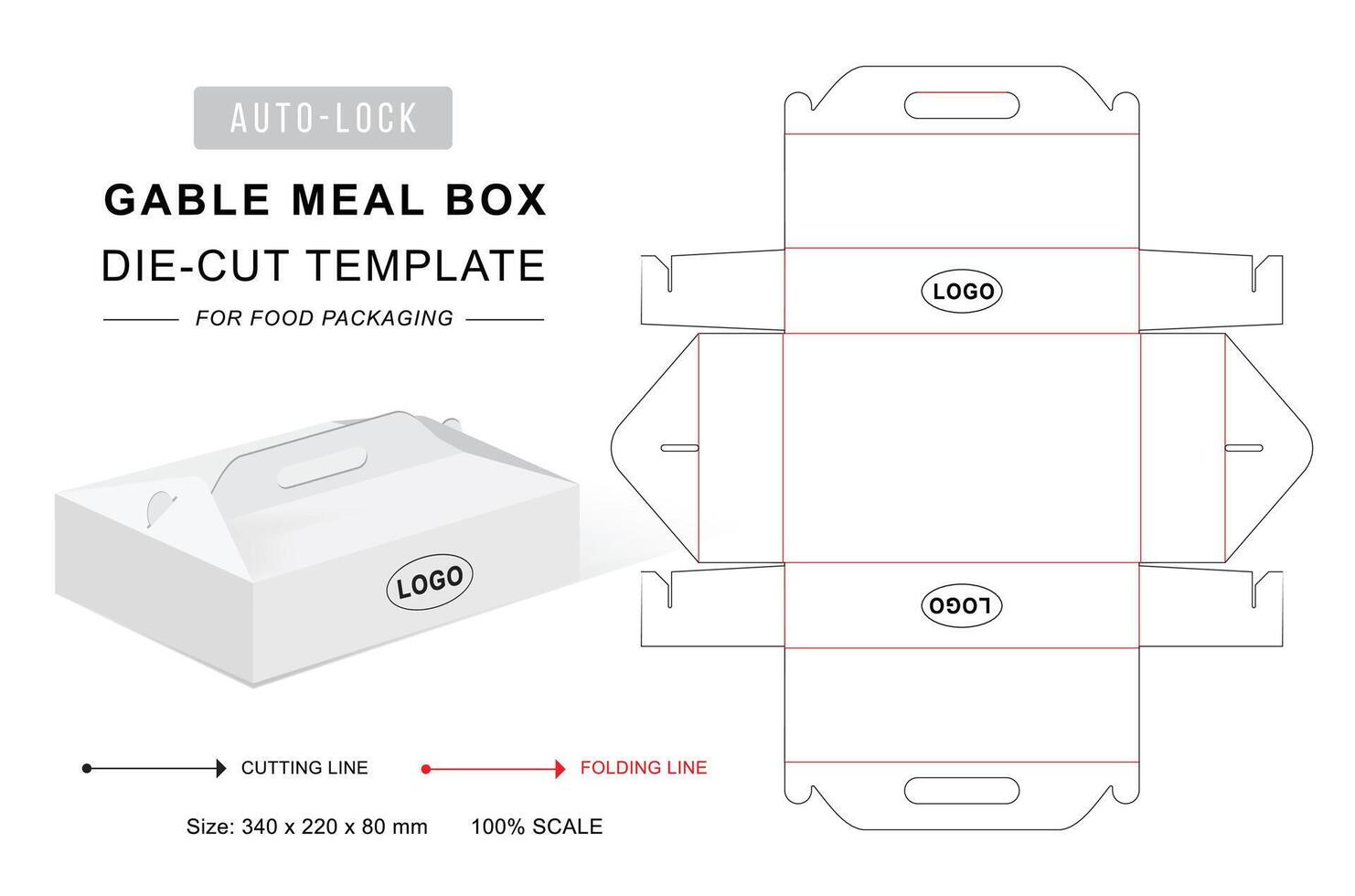 Gable meal box die cut template with handle and 3D blank mockup. Handle box dieline vector