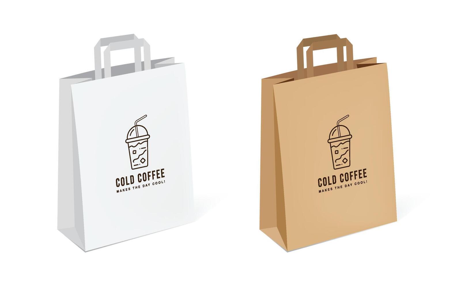 Shopping bag 3D mockup with flat handle and coffee logo design. White and brown paper bag packaging mockup vector