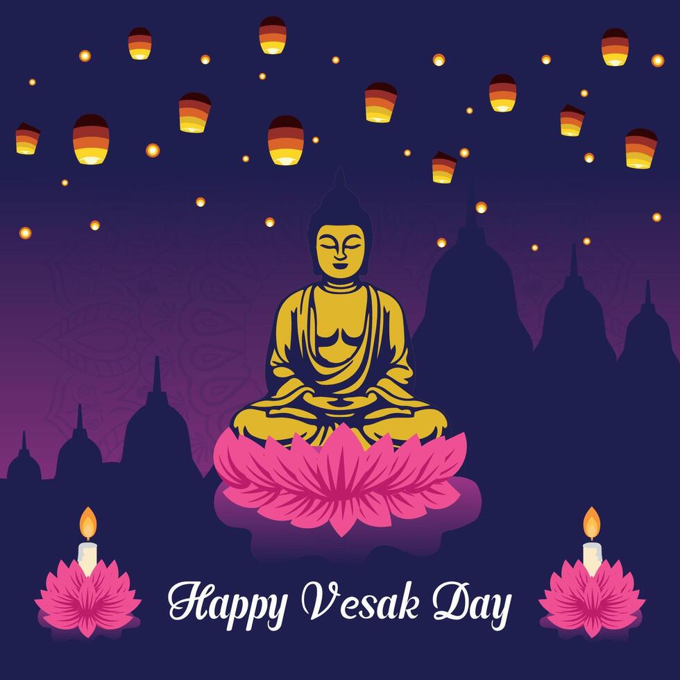 Flat vesak day illustration festival celebration social media post and vesak day Banner vector