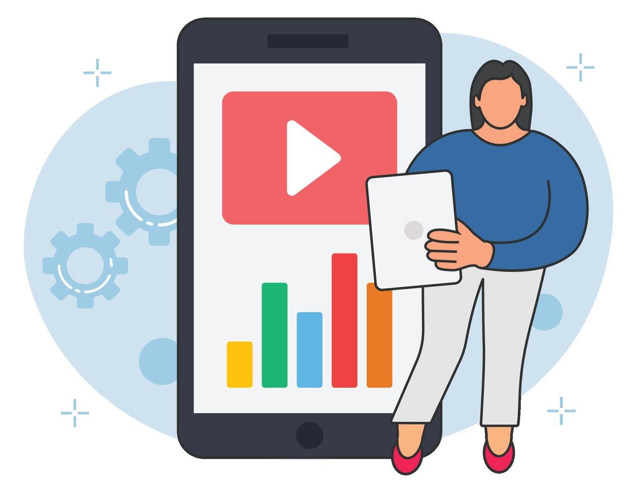 Woman showing media analysis chart on mobile background illustration vector