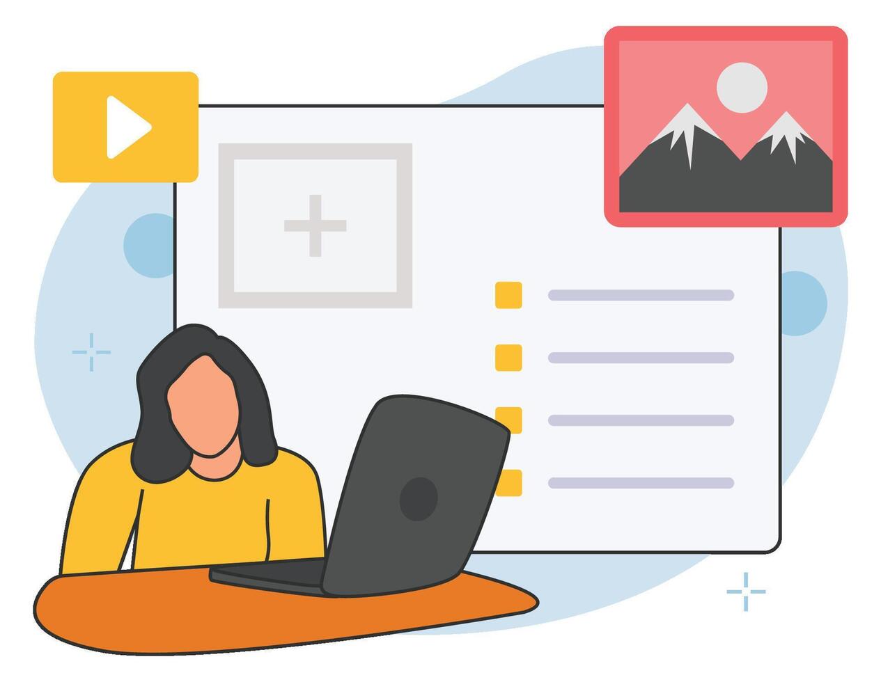 Woman writing content on website background illustration vector