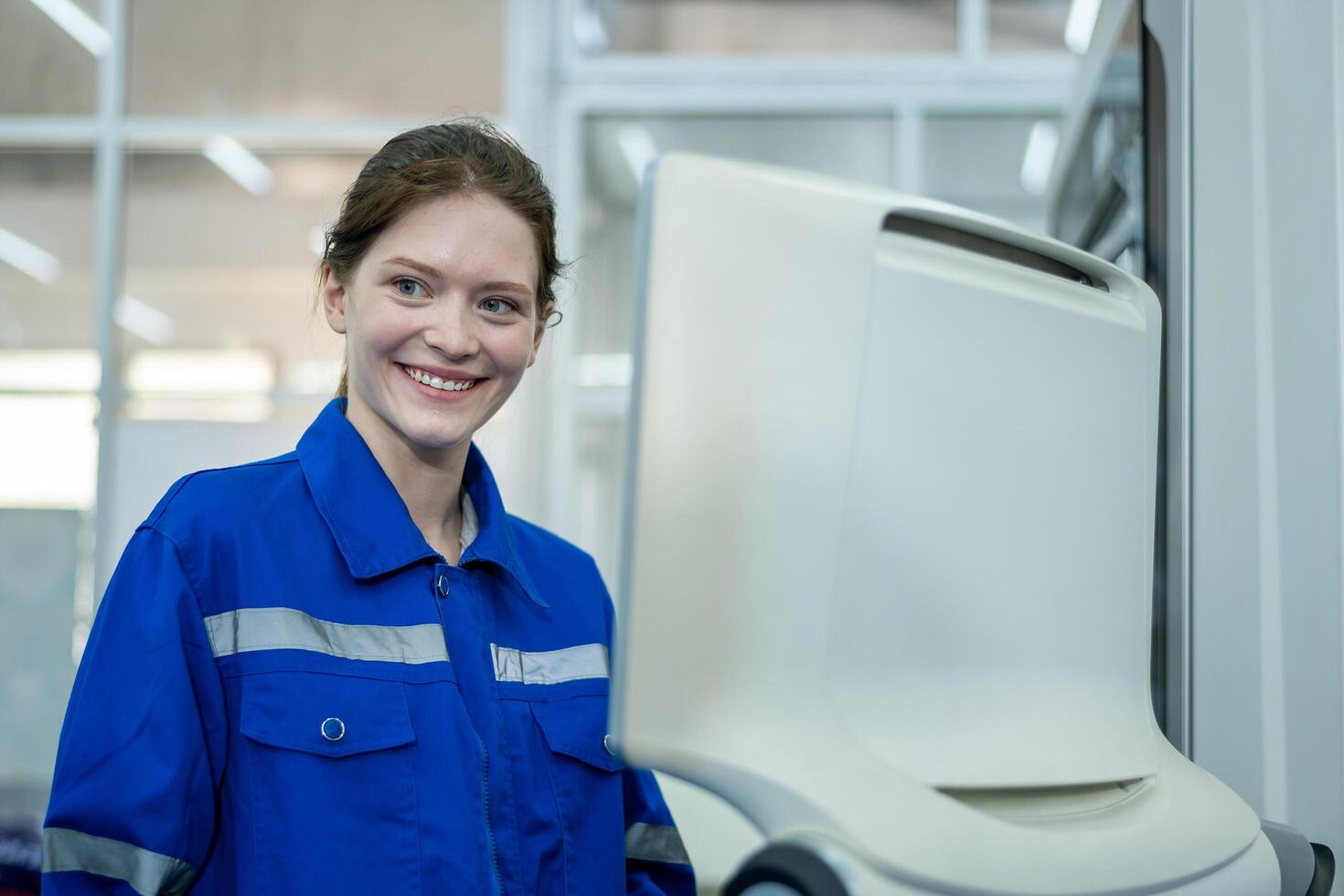 Female Robotics engineers Using Controller to Remotely Operate programming and Manipulating Robot Hand, Industrial Robotics Design, High Tech Facility, Modern Machine Learning. photo