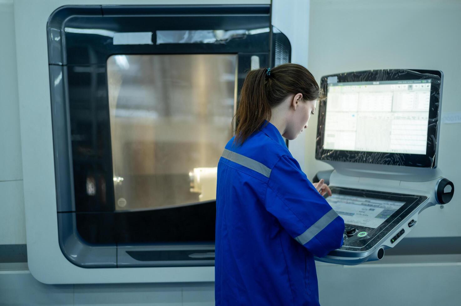 Female Robotics engineers Using Controller to Remotely Operate programming and Manipulating Robot Hand, Industrial Robotics Design, High Tech Facility, Modern Machine Learning. photo