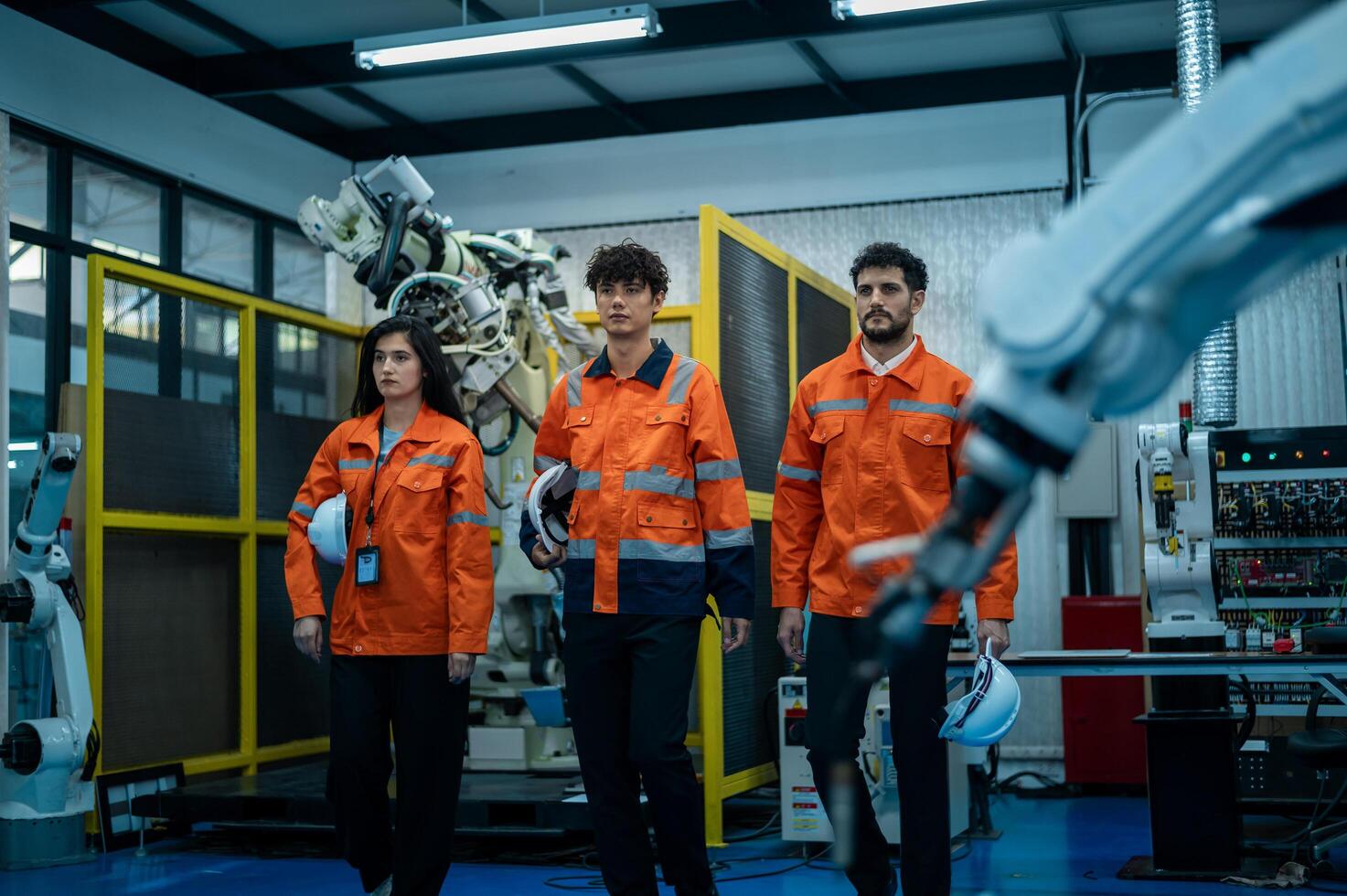 retrato de robótica ingenieros trabajando con programación y manipulando robot mano, industrial robótica diseño, alto tecnología instalación, moderno máquina aprendiendo. masa producción automáticas. foto