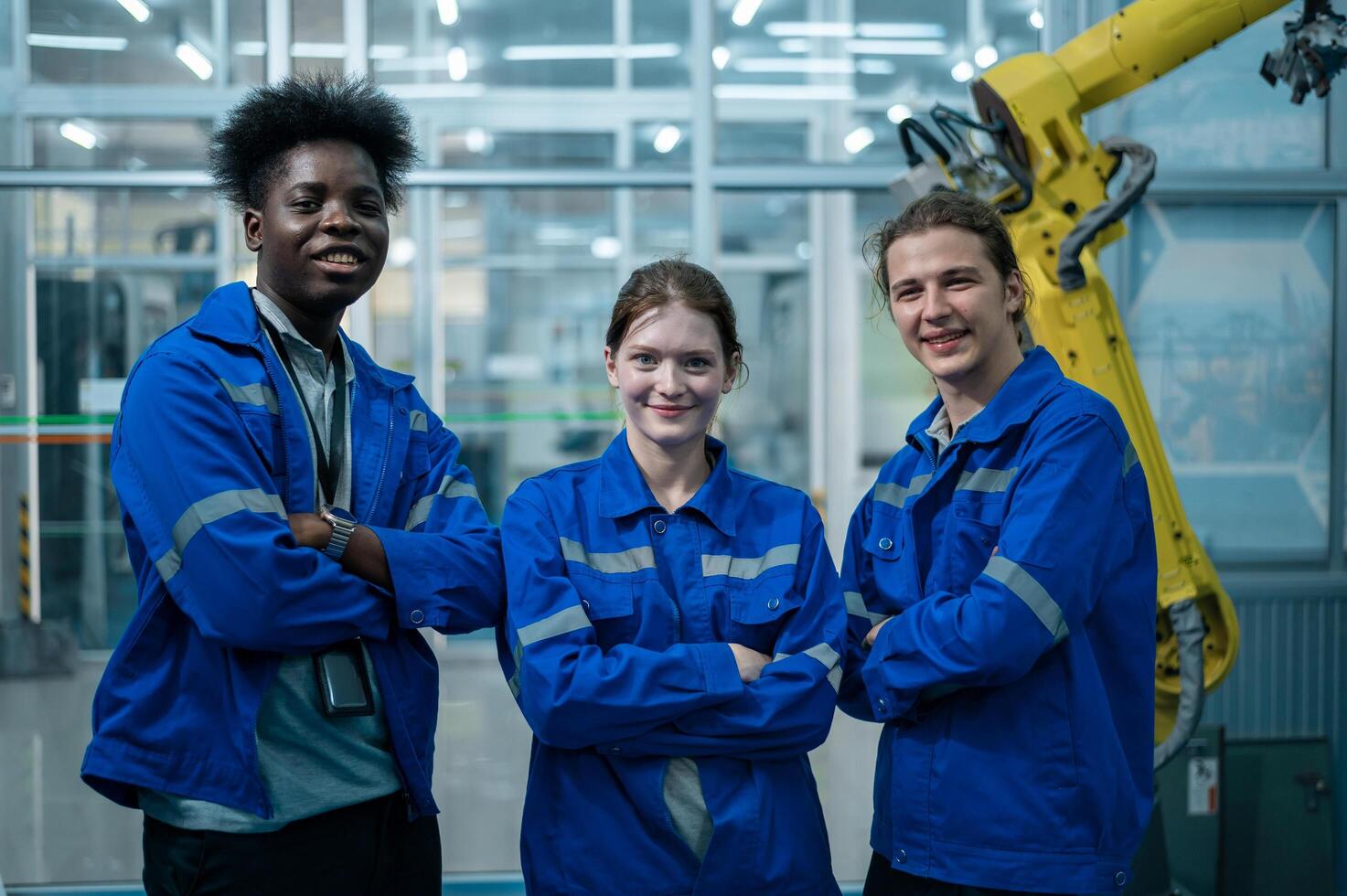 retrato de robótica ingenieros trabajando con programación y manipulando robot mano, industrial robótica diseño, alto tecnología instalación, moderno máquina aprendiendo. masa producción automáticas. foto