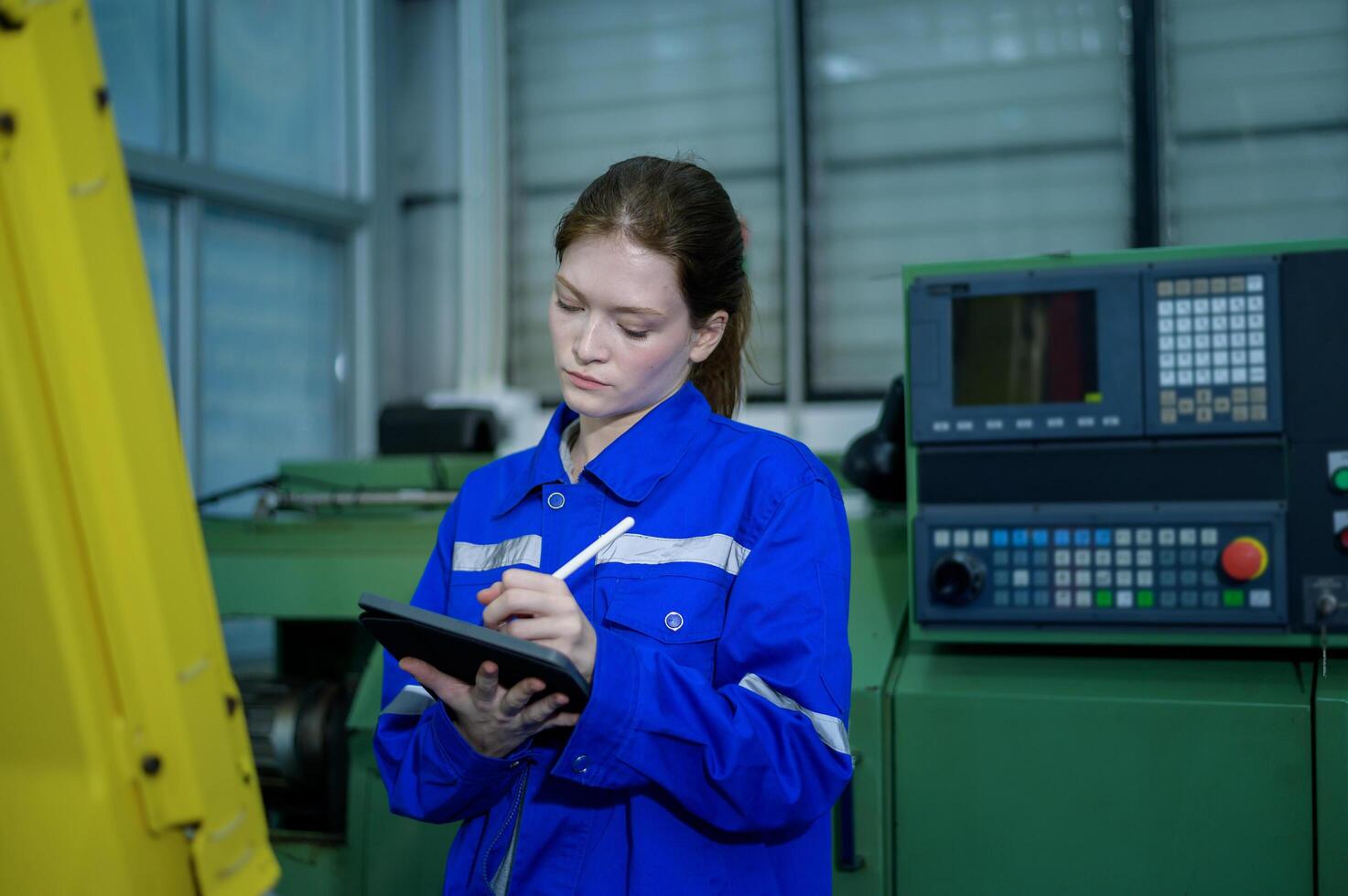 Female Robotics engineer working with Programming and Manipulating Robot Hand, Industrial Robotics Design, High Tech Facility, Modern Machine Learning. Mass Production Automatics. photo