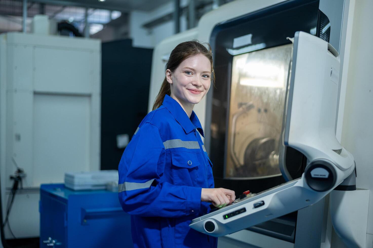 Female Robotics engineers Using Controller to Remotely Operate programming and Manipulating Robot Hand, Industrial Robotics Design, High Tech Facility, Modern Machine Learning. photo