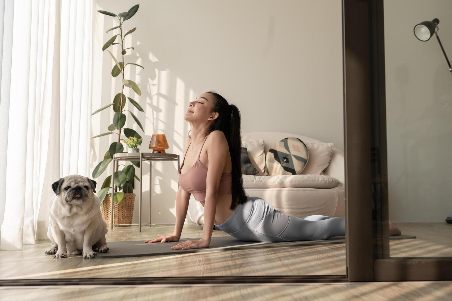 asiático mujer en ropa de deporte hacer ejercicio y haciendo yoga con linda perro en vivo habitación a hogar, sano estilo de vida, mental salud concepto. foto