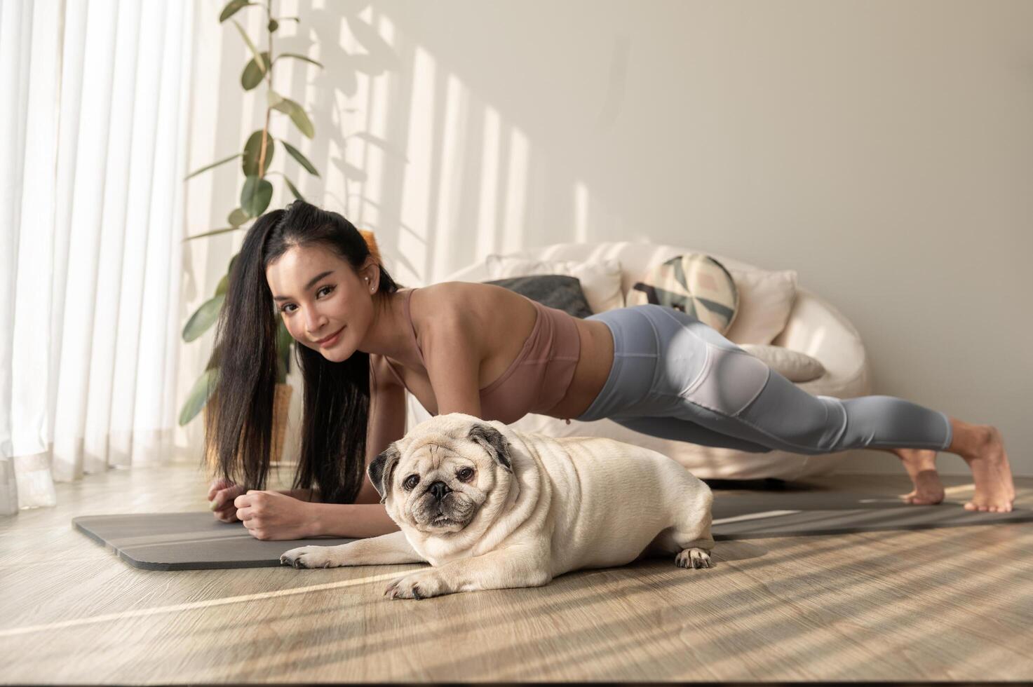 asiático mujer en ropa de deporte hacer ejercicio y haciendo yoga con linda perro en vivo habitación a hogar, sano estilo de vida, mental salud concepto. foto