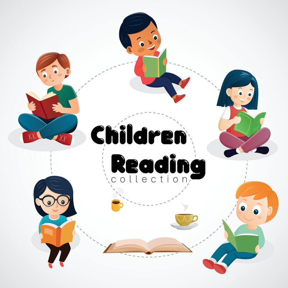 set Chirldren reading Book in various poses for decorate vector