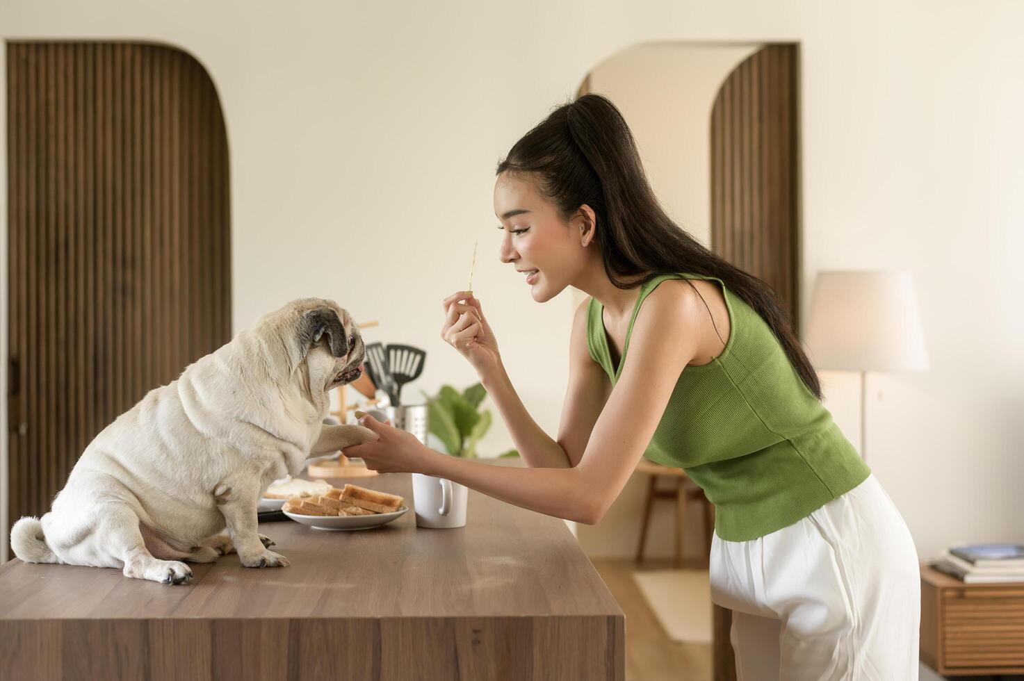 asiático mujer preparando café y brindis un pan para desayuno disfrutar con perro a el cocina mesa en el Mañana foto