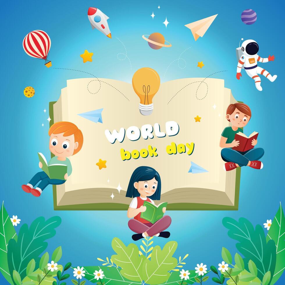 World book day childrens kids reading concentrate knowleadge imagination around nature cartoon illustration background design vector