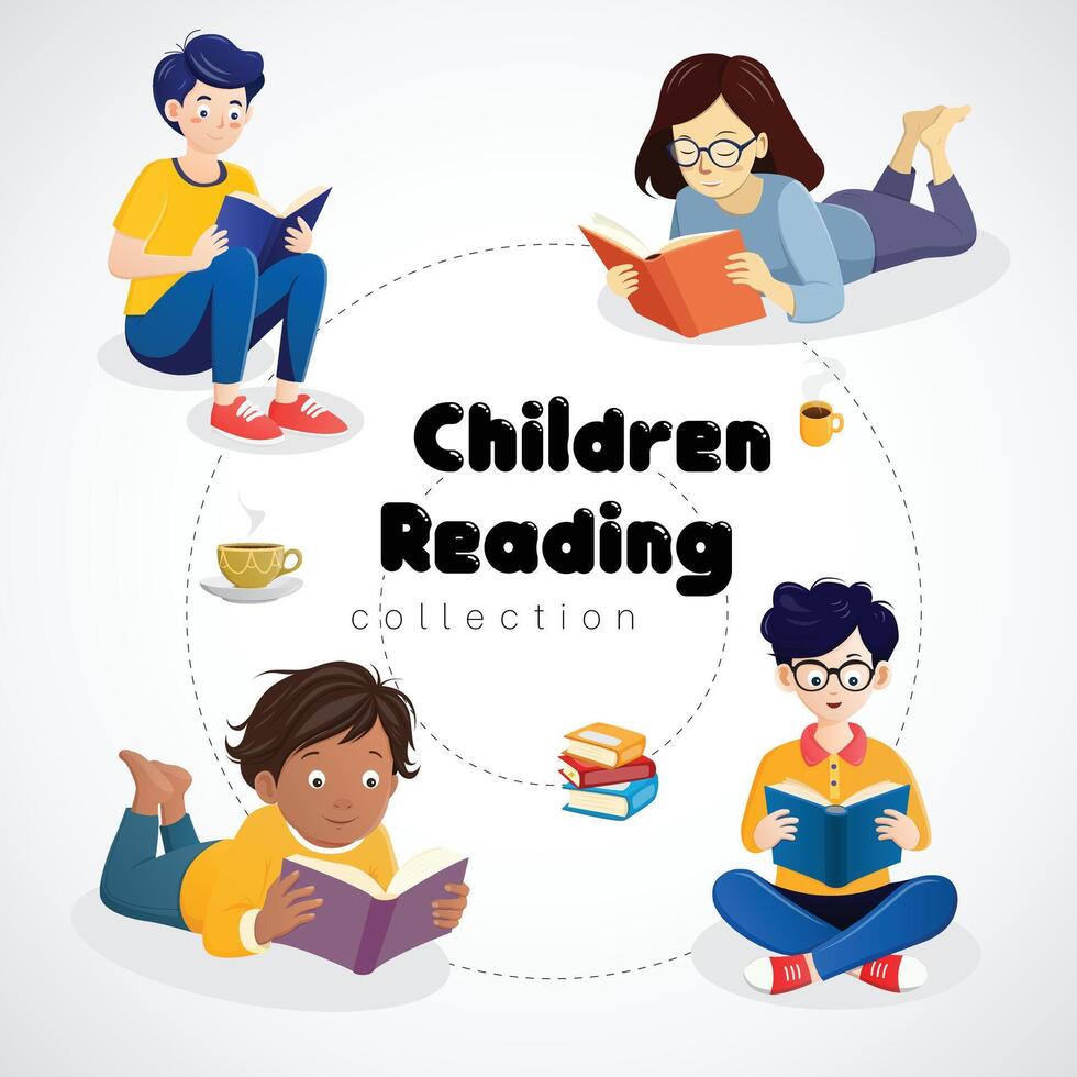 set Chirldren reading Book in various poses for decorate vector